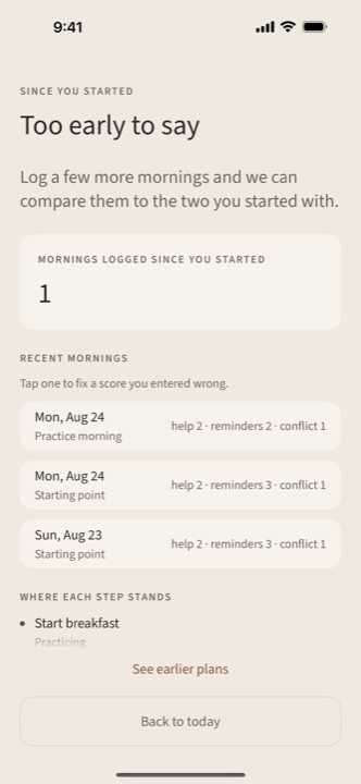 The progress screen reading Too early to say, with one morning logged so far and a list of recent mornings scored for help, reminders and conflict.