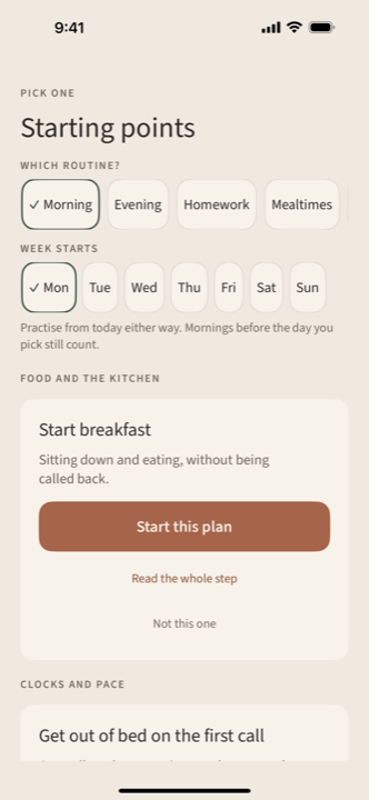 Choosing a starting point. Tabs for Morning, Evening, Homework and Mealtimes, a day for the week to start, and a card offering the step Start breakfast.